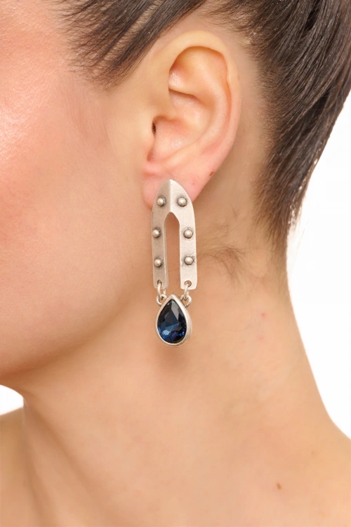 Kiraz Navy Blue Crystal Stoned Silver Plated Earring
