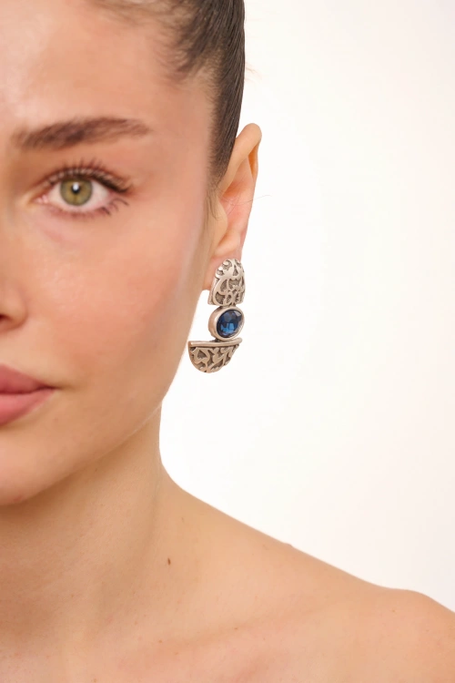 Kiraz Navy Blue Crystal Stoned Silver Plated Earring