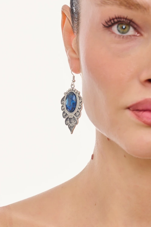 Kiraz Navy Blue Crystal Stoned Silver Plated Earring