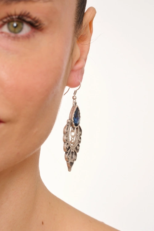 Kiraz Navy Blue Crystal Stoned Silver Plated Earring