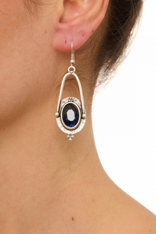Kiraz Navy Blue Crystal Stoned Silver Plated Earring