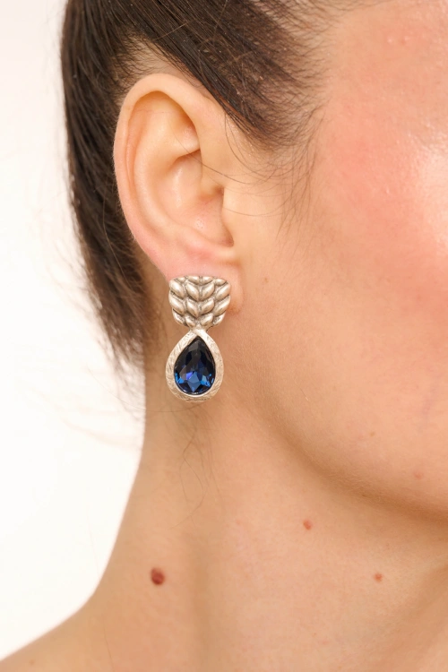 Kiraz Navy Blue Crystal Stoned Silver Plated Earring
