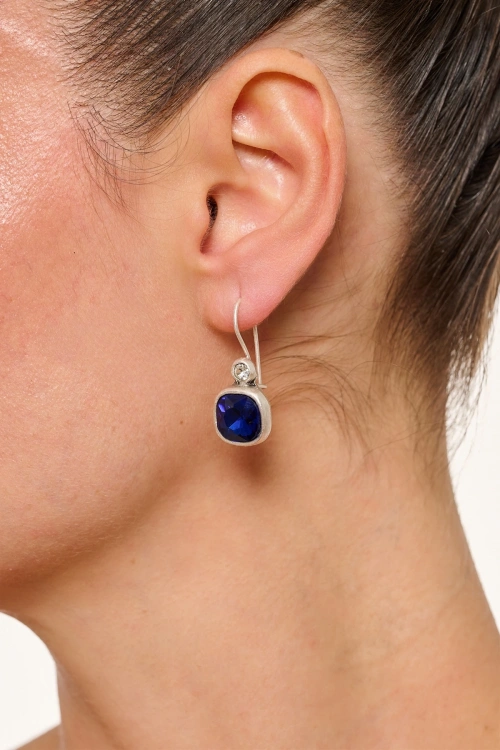 Kiraz Navy Blue Crystal Stoned Silver Plated Earring