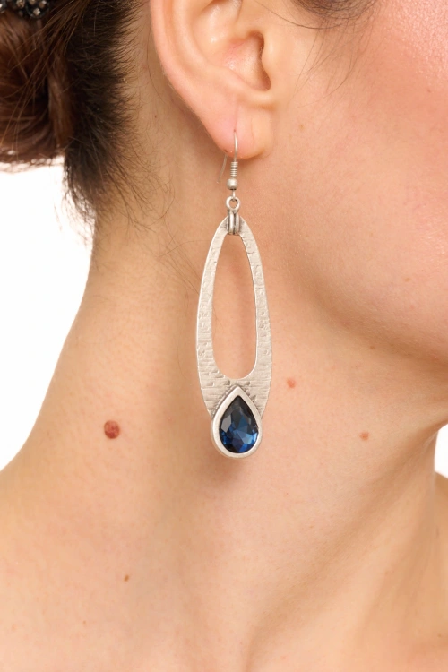 Kiraz Navy Blue Crystal Stoned Silver Plated Earring