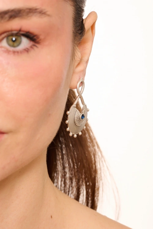 Kiraz Navy Blue Crystal Stoned Silver Plated Earring