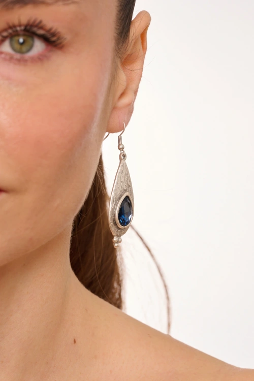Kiraz Navy Blue Crystal Stoned Silver Plated Earring