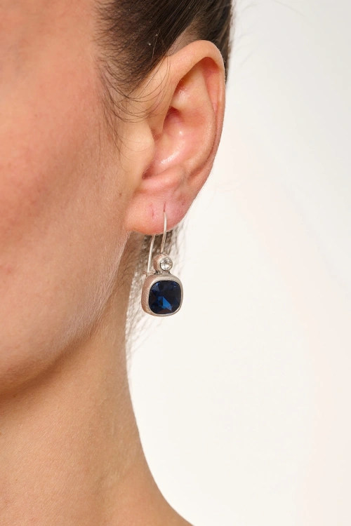 Kiraz Navy Blue Crystal Stoned Silver Plated Earring