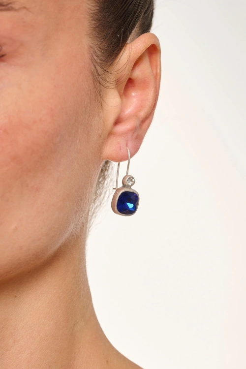 Kiraz Navy Blue Crystal Stoned Silver Plated Earring