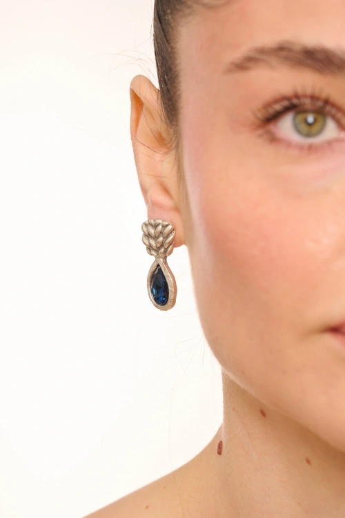 Kiraz Navy Blue Crystal Stoned Silver Plated Earring