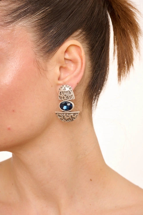 Kiraz Navy Blue Crystal Stoned Silver Plated Earring