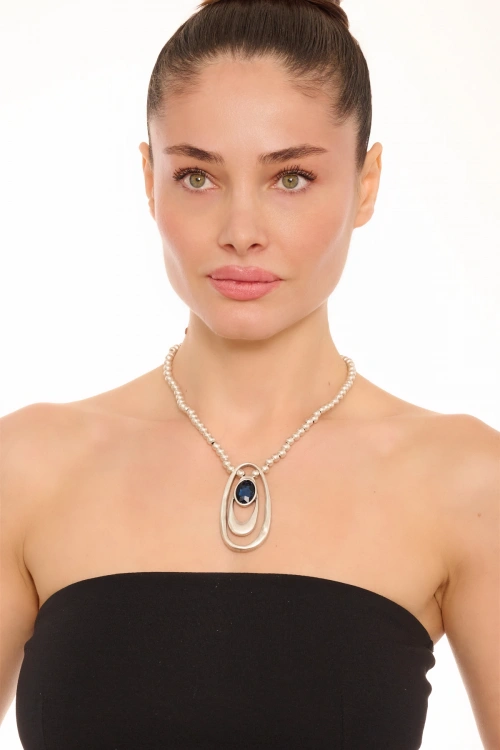 Kiraz Navy Blue Crystal Stoned Silver Plated Necklace