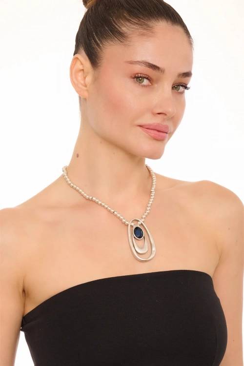 Kiraz Navy Blue Crystal Stoned Silver Plated Necklace