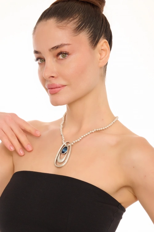 Kiraz Navy Blue Crystal Stoned Silver Plated Necklace