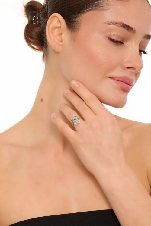 Kiraz Navy Blue Crystal Stoned Silver Plated Ring