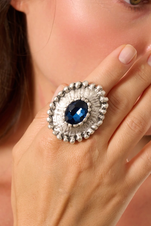 Kiraz Navy Blue Crystal Stoned Silver Plated Ring