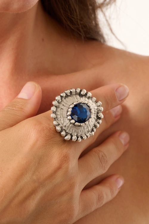 Kiraz Navy Blue Crystal Stoned Silver Plated Ring