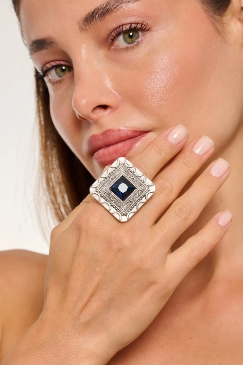 Kiraz Navy Blue Crystal Stoned Silver Plated Ring