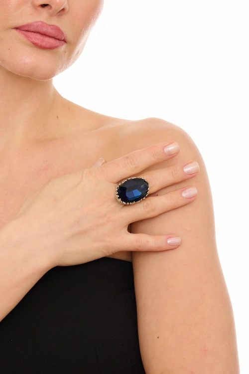 Kiraz Navy Blue Crystal Stoned Silver Plated Ring