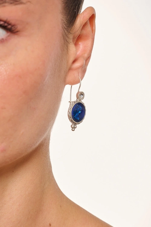 Kiraz Navy Blue Enameled Silver Plated Earring