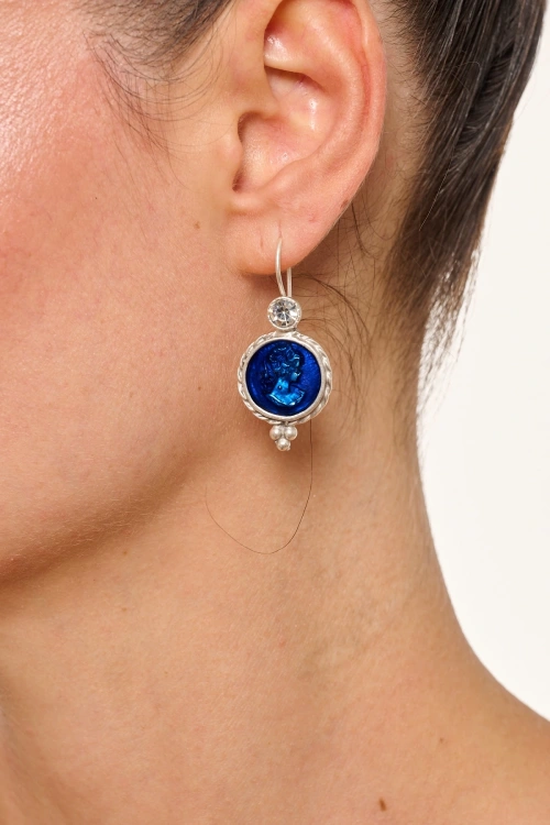 Kiraz Navy Blue Enameled Silver Plated Earring