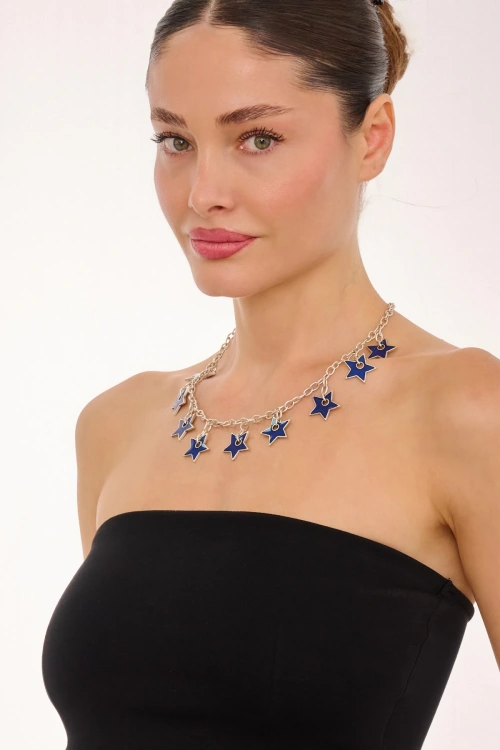 Kiraz Navy Blue Enameled Silver Plated Star Necklace