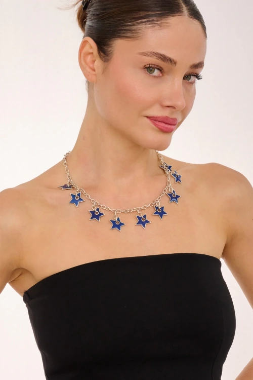 Kiraz Navy Blue Enameled Silver Plated Star Necklace