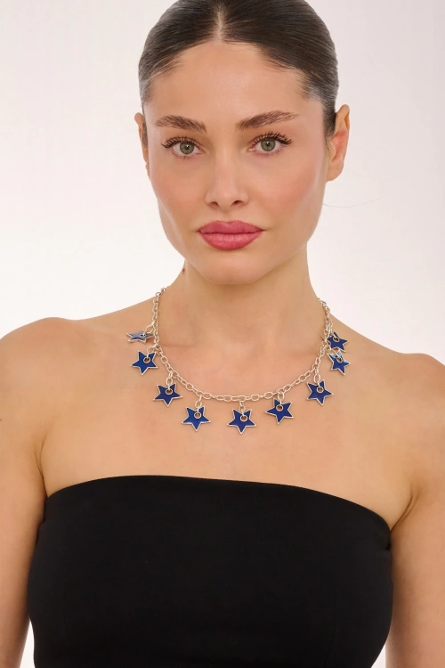 Kiraz Navy Blue Enameled Silver Plated Star Necklace