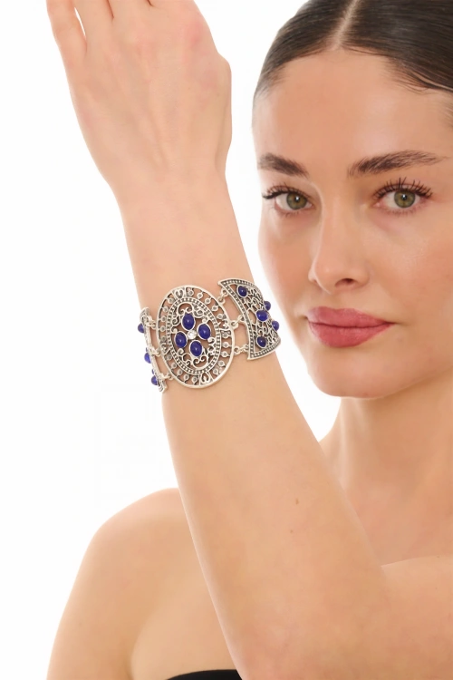 Kiraz Navy Blue Stoned Silver Plated Bracelet