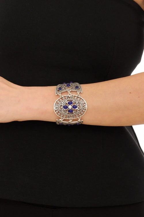 Kiraz Navy Blue Stoned Silver Plated Bracelet