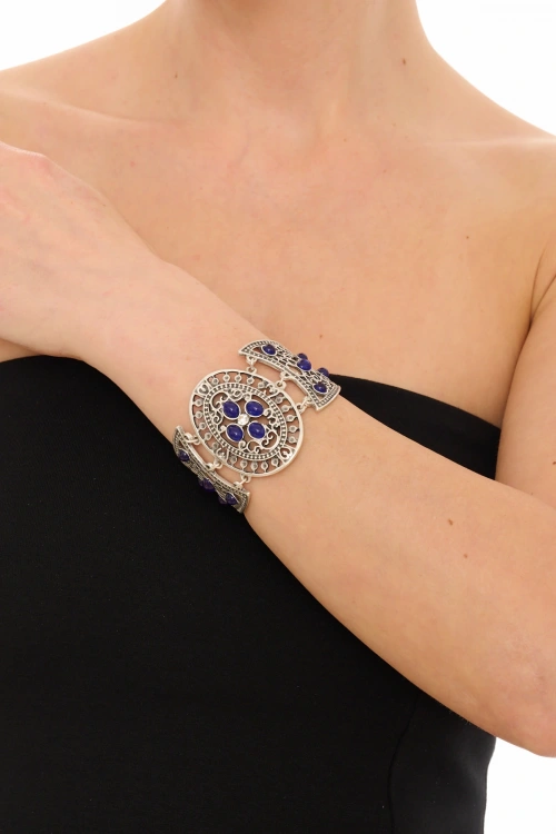 Kiraz Navy Blue Stoned Silver Plated Bracelet