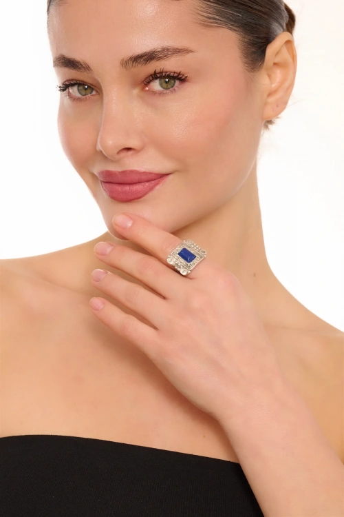 Kiraz Navy Blue Stoned Silver Plated Ring