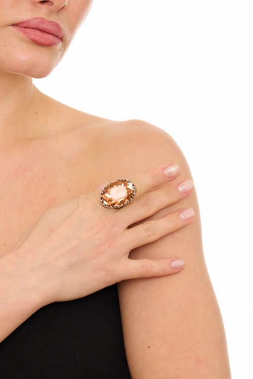 Kiraz Orange Crystal Stoned Silver Plated Ring