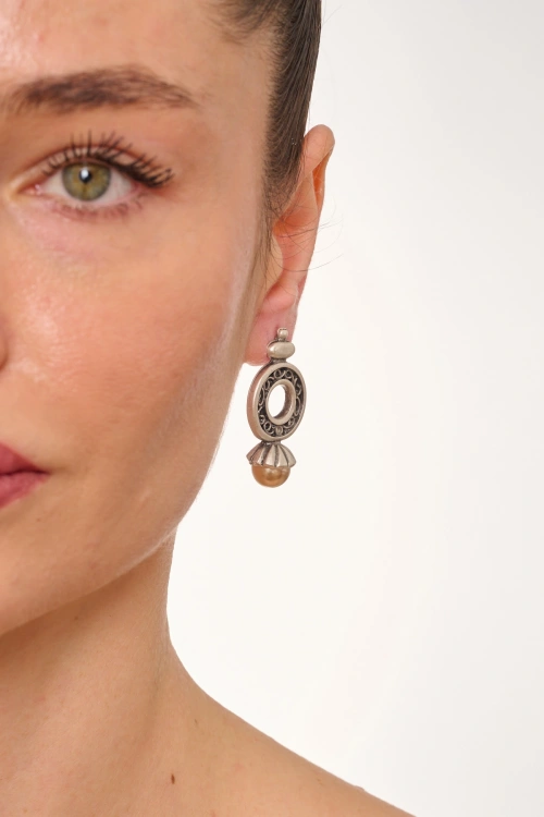 Kiraz Orange Pearl Stoned Silver Plated Earring