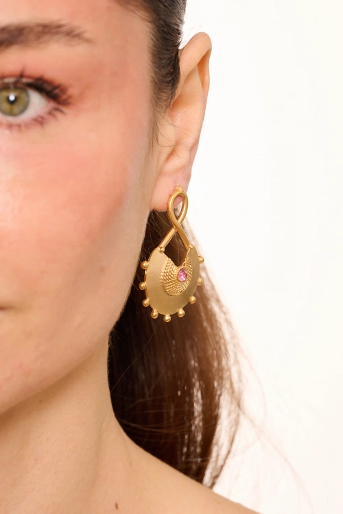 Kiraz Pink Crystal Stoned Gold Plated Earring