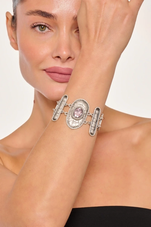 Kiraz Pink Crystal Stoned Silver Plated Bracelet