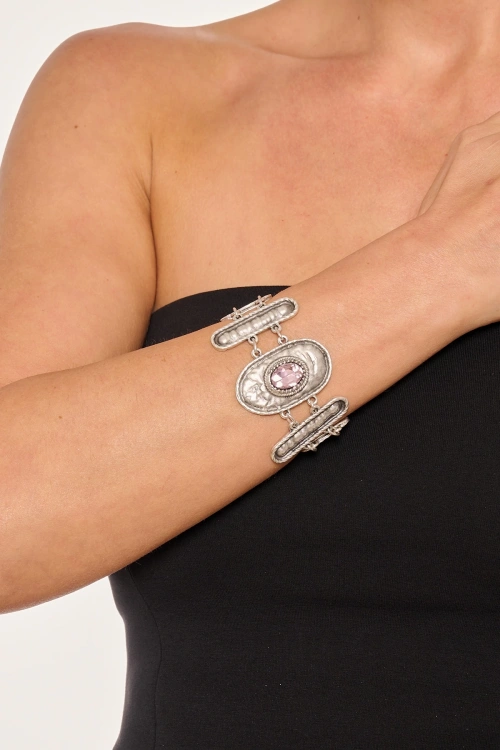 Kiraz Pink Crystal Stoned Silver Plated Bracelet