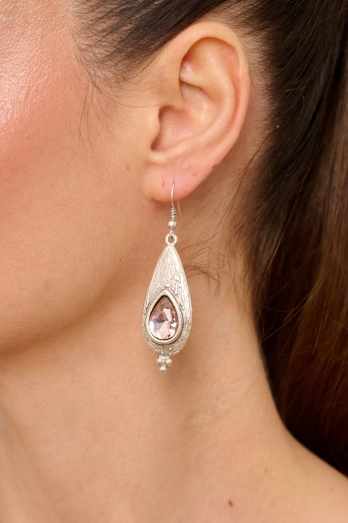 Kiraz Pink Crystal Stoned Silver Plated Earring