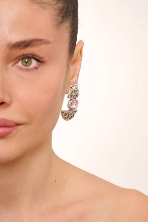 Kiraz Pink Crystal Stoned Silver Plated Earring