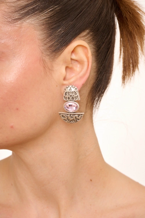Kiraz Pink Crystal Stoned Silver Plated Earring