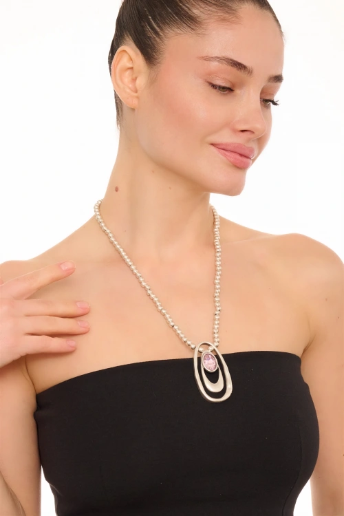 Kiraz Pink Crystal Stoned Silver Plated Necklace