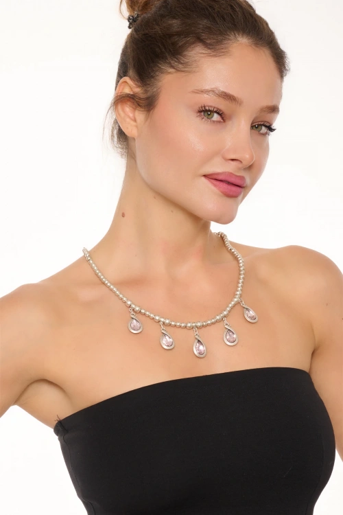 Kiraz Pink Crystal Stoned Silver Plated Necklace