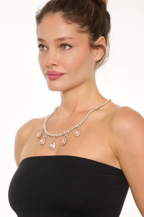 Kiraz Pink Crystal Stoned Silver Plated Necklace