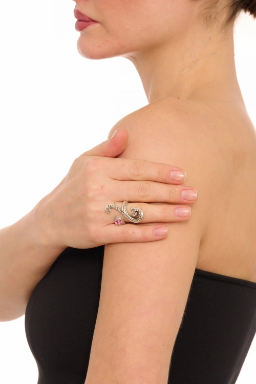 Kiraz Pink Crystal Stoned Silver Plated Ring
