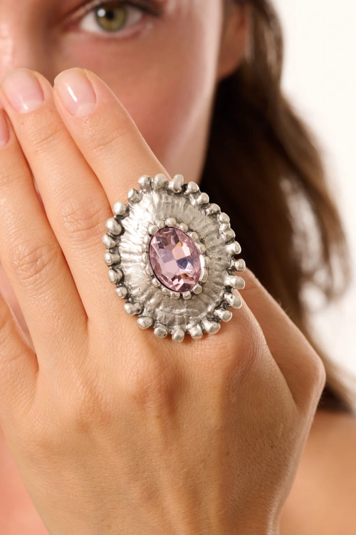 Kiraz Pink Crystal Stoned Silver Plated Ring