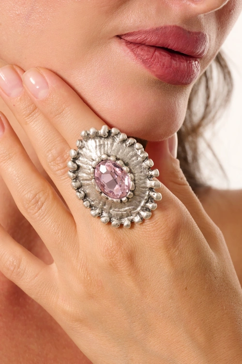 Kiraz Pink Crystal Stoned Silver Plated Ring
