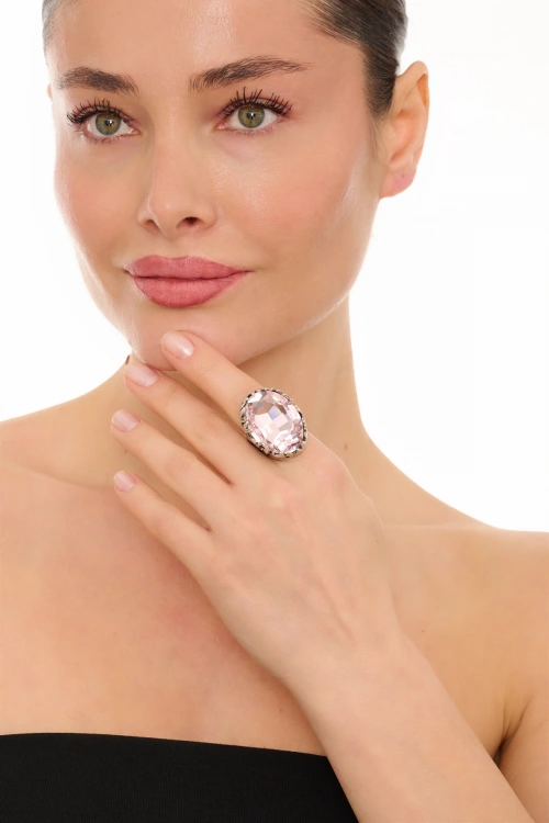 Kiraz Pink Crystal Stoned Silver Plated Ring