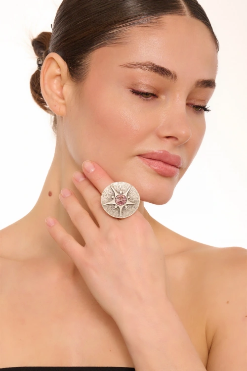 Kiraz Rose Color  Crystal Stoned Silver Plated Ring