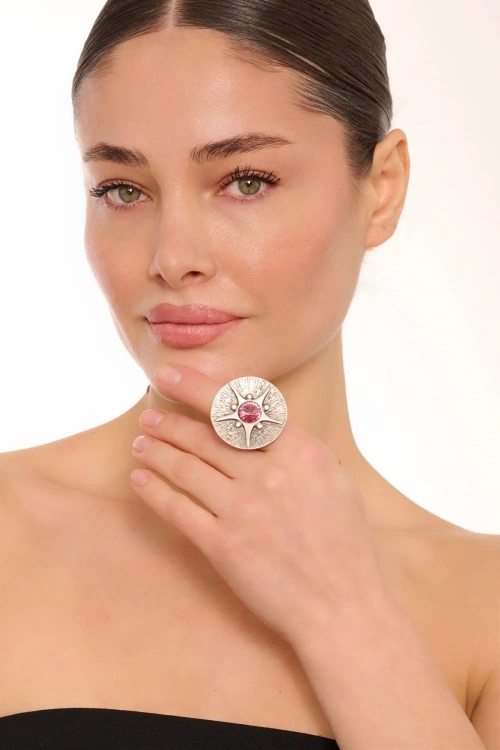 Kiraz Pink Crystal Stoned Silver Plated Ring