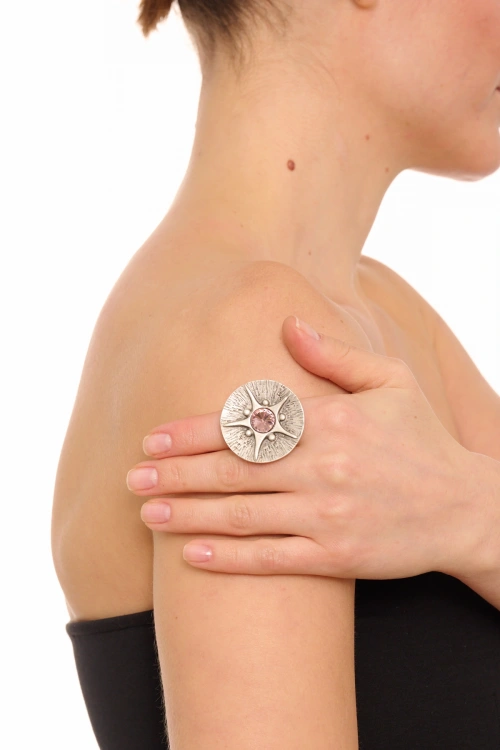 Kiraz Rose Color  Crystal Stoned Silver Plated Ring