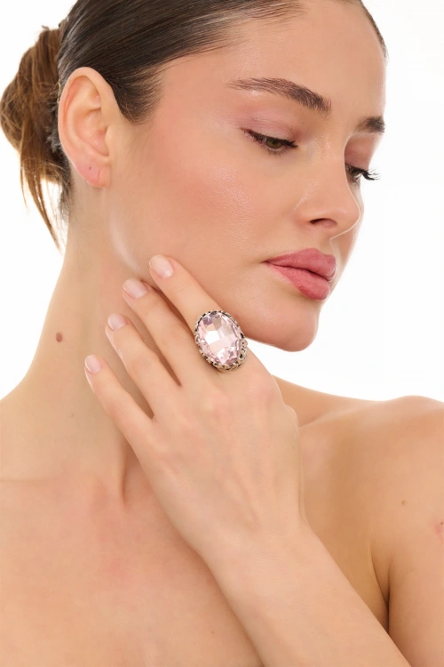 Kiraz Pink Crystal Stoned Silver Plated Ring